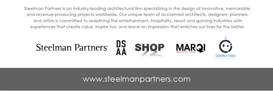 Steelman Partners is an industry-leading architectural firm specializing in the design of innovative, memorable, and revenue-producing projects worldwide. Our unique team of ac claimed architects, designers, planners, and artists is committed to redefining the entertainment, hospit ality, resort and gaming industries with experiences that create value, inspire fun, and leave an impres sion that enriches our lives for the better.