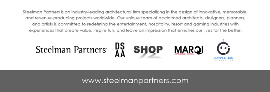 Steelman Partners is an industry-leading architectural firm specializing in the design of innovative, memorable, and revenue-producing projects worldwide. Our unique team of ac claimed architects, designers, planners, and artists is committed to redefining the entertainment, hospit ality, resort and gaming industries with experiences that create value, inspire fun, and leave an impres sion that enriches our lives for the better.